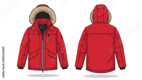Vibrant red winter parka with faux fur hood detailed technical drawing showing front and back views for outdoor wear and cold weather apparel design