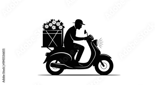 Man riding motorcycle with flower bouquet.