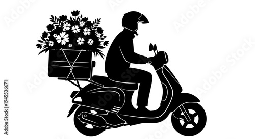 Man Riding Motorcycle with Flower Box.