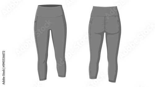 Detailed vector flat sketch of women's athletic high-waisted capri leggings, showcasing front and back views for activewear design and professional