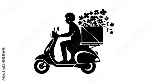 Man Riding Motorcycle with Flower Box.