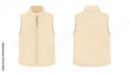 Flat vector template of a classic beige quilted vest showcasing both front and back views perfect for fashion design outdoor apparel and casual