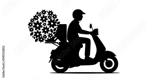 Man riding scooter with bouquet flowers.