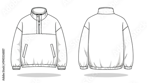 Technical CAD drawing of a modern unisex pullover jacket with half-zip and stand collar for fashion design
