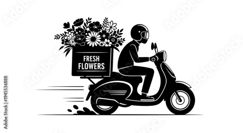 Man riding scooter with flower bouquet.