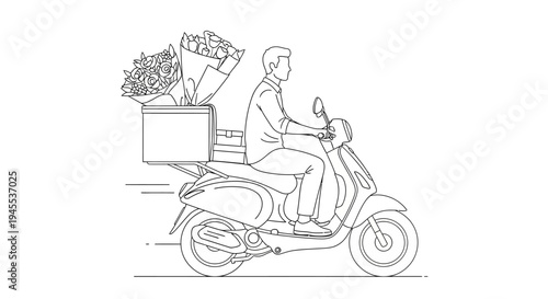 Man riding scooter with flower box.