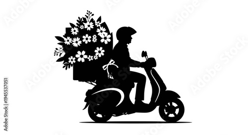 Man riding scooter with flowers.