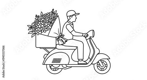 Man riding scooter with flower delivery.