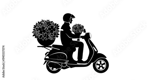 Man riding scooter with flowers.