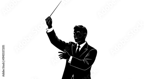 Silhouette of a Conductor Directing an Orchestra with a Baton.