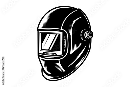 Welding helmet vintage engraving illustration black and white drawing