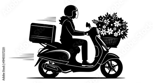 Person riding motorcycle with flowers.