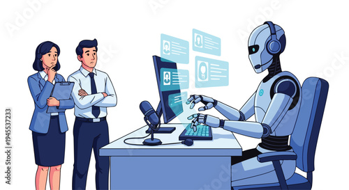 Flat 2D illustration of a robot working at a desk with a computer while two business professionals stand nearby discussing AI and automation replacing traditional jobs in an office setting.