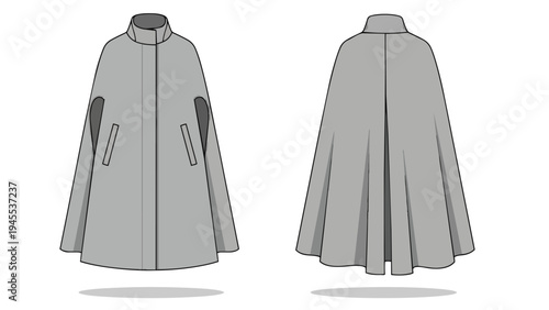 Modern grey cape technical drawing, front and back views. Features stand collar, zip closure, arm slits, and pockets. Essential fashion flat for