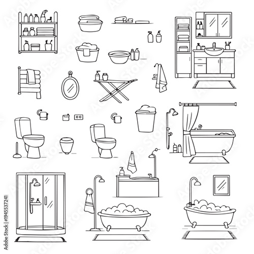 Bathroom interior isolated design elements. Vector hand drawn sketch illustration. Bath and shower accessories and equipment set. Bathtub with foam, shampoo, mirror, towel dryer doodle icons