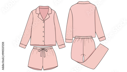 Technical fashion flat of a pink pajama set, showcasing a collared shirt, drawstring shorts, and alternative long pants option for sleepwear garment