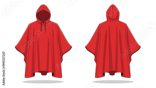 Vibrant red hooded poncho design, showcasing both front and back views, ideal for vector illustration and apparel mockups, offering versatile