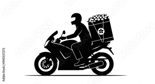 Rider on motorcycle with delivery box.