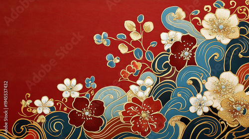 Chinese style embroidery illustration of peonies on a red background