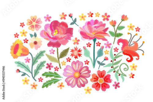 Beautiful floral composition with colorful embroidered flowers on white backg...