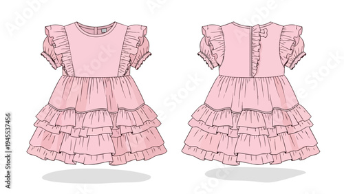 Pink ruffled toddler dress flat technical drawing with tiered skirt and puffed sleeves, front and back views.