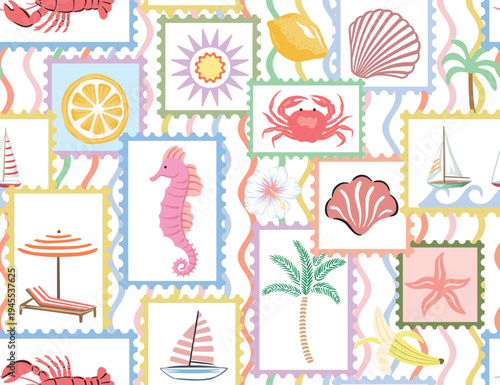 Sailboat, sea horse, palm, banana, lemon fruit, hibiscus flower, lobster, crab, sun in the frames seamless pattern. Summer postage stamp.