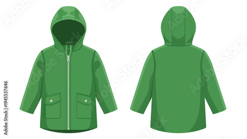 Functional green hooded raincoat illustration featuring front and back views complete with zipper and pockets ideal for rainy day protection and