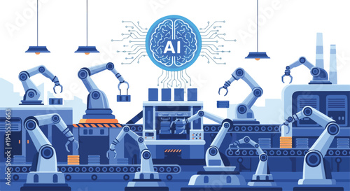 Flat 2D illustration of industrial robots and machinery with AI concept on a clean white background, showcasing automation replacing traditional manufacturing jobs.