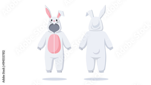Cute white bunny kigurumi costume vector illustration, front and back views displayed with playful design elements, perfect for comfort and fun attire