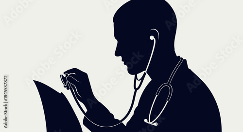 Silhouette of a Doctor with Stethoscope Examining Medical Records.