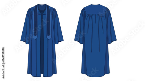 Official academic celebration attire featuring a deep blue graduation gown with coordinating stole from front and back perspective symbolizing