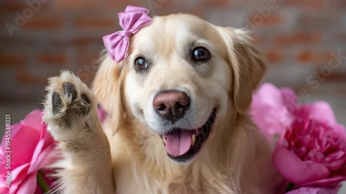 Adorable golden retriever puppy waving with pink bow and flowers