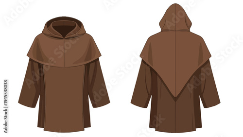 Classic brown hooded monastic robe design with front and back views displaying simple, traditional attire