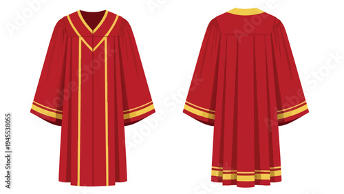 Elegant red and gold ceremonial robe illustration, front and back view of a formal academic gown with ornate trim