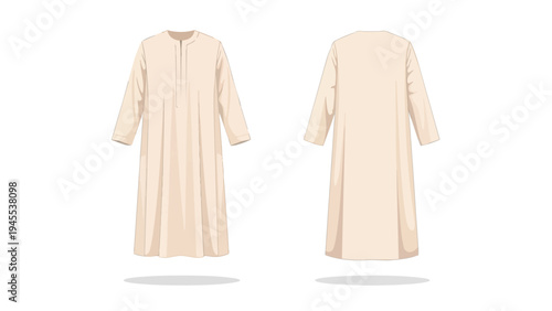 Traditional Middle Eastern men's thobe isolated vector illustration showing front and back views of the cultural garment. This design emphasizes