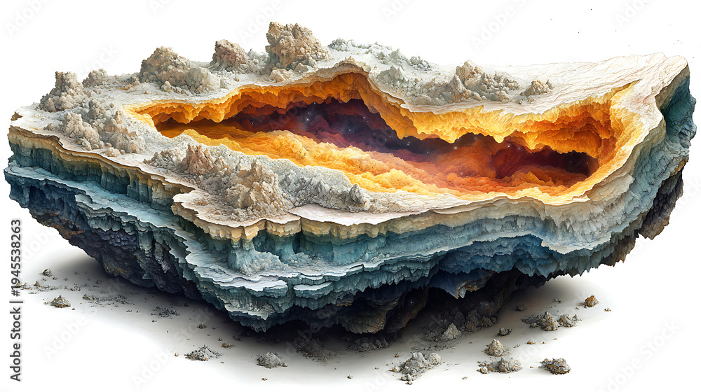Fototapeta premium Layered cross-section of a newly formed planet showing molten core, mantle, and crust development white background 
