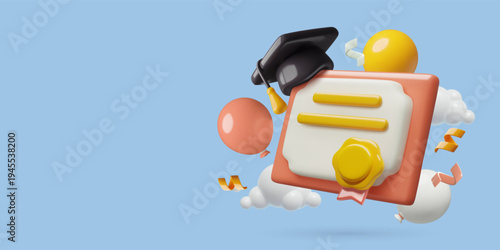 3D diploma certificate and graduation cap with balloons on blue sky background. Realistic vector illustration.