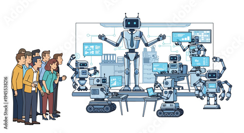 Flat 2D illustration of people discussing AI automation and jobs concept with robots and screens.