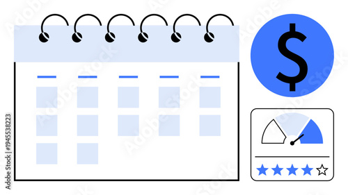 Financial planning. Calendar layout with dollar icon and performance gauge showing ratings. Financial planning and budgeting concepts for tracking expenses, managing money, and evaluating