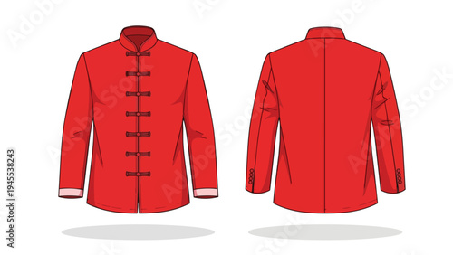 Vector illustration of a vibrant red traditional Chinese jacket with frog buttons and mandarin collar, showing front and back views