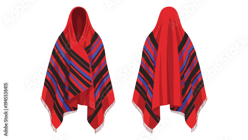 Vibrant red striped poncho illustration, showing front and back views with fringed details. This garment depicts a rich cultural textile design.