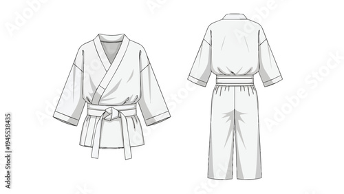 Flat technical illustration of a martial arts gi uniform, front and back, for design and pattern creation.