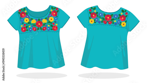 Vibrant turquoise blouse featuring intricate folk-inspired floral embroidery on the neckline presenting both front and back views a beautiful