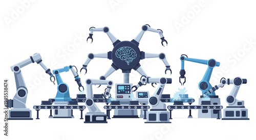 Flat 2D illustration of robotic arms and automation equipment with a central gear-shaped control panel on a white background, representing AI and jobs concept.