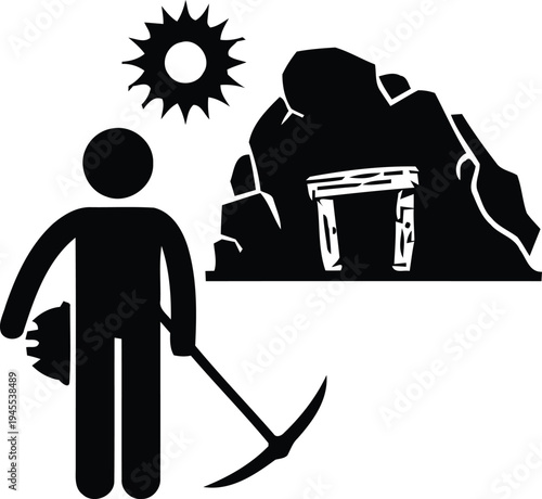 Miner standing in front of a mine entrance, black and white icon,  Concept of mining work and geology with a worker and mine tunnel