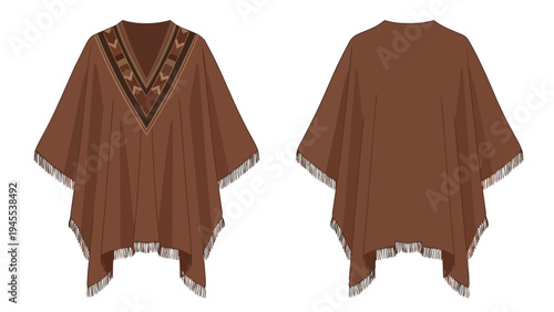 Elegant brown poncho vector graphic with distinctive geometric neckline designs and fringe accents, presented in both front and rear views for