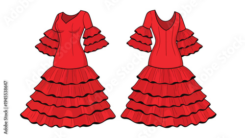 Vibrant red traditional Spanish flamenco dresses with cascading ruffles, an elegant cultural dance costume design, celebrating festive Iberian