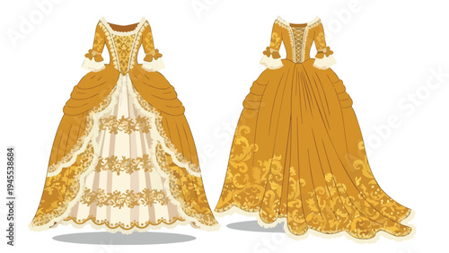 A majestic pair of historical court gowns showcasing opulent golden embroidery and flowing silhouettes from a bygone era of elaborate fashion design