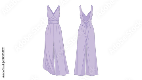 Sophisticated lavender wide-leg jumpsuit fashion technical drawing with front and back views showcasing elegant design and versatile style for