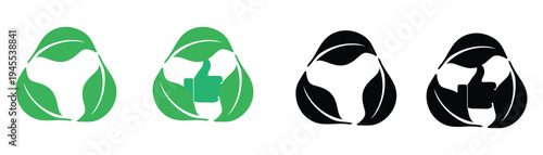 Recycle symbol with green leaves and thumbs up icon in both color and black variants. eco friendly concept.